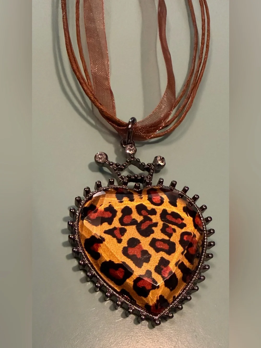 Gorgeous Leopard Heart Gunmetal Pendant - Ribbon Necklace in Brown